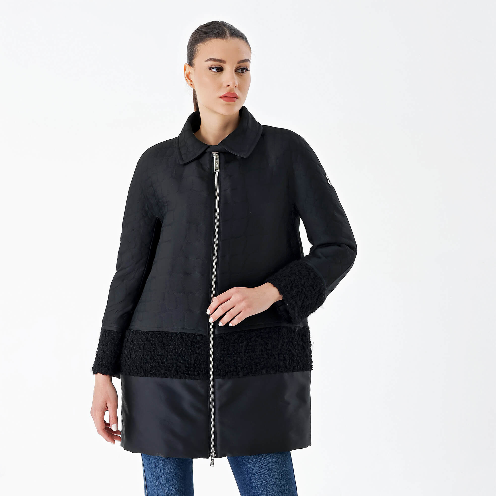 Moncler-Black and Wool Detail Long Coat